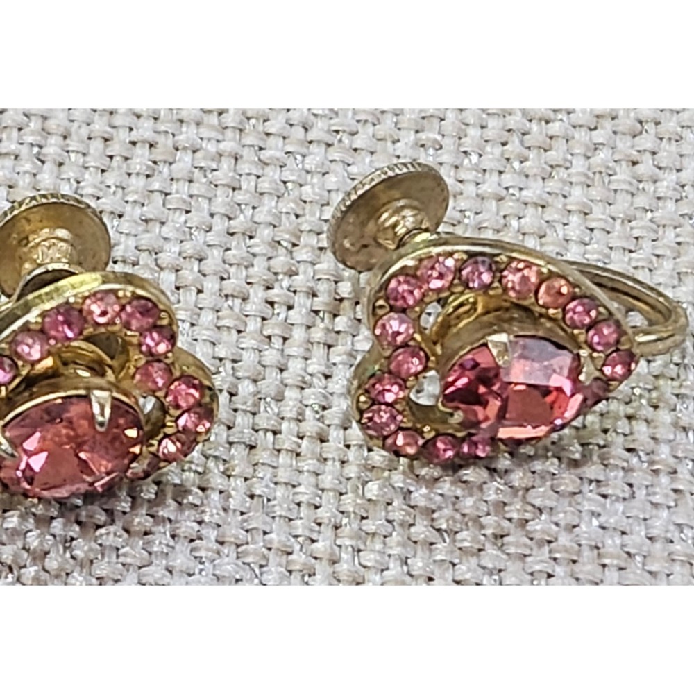 C.A.F. Vintage Heart Earrings Women Pink Rhinestone Gold Tone Screw Back Retro